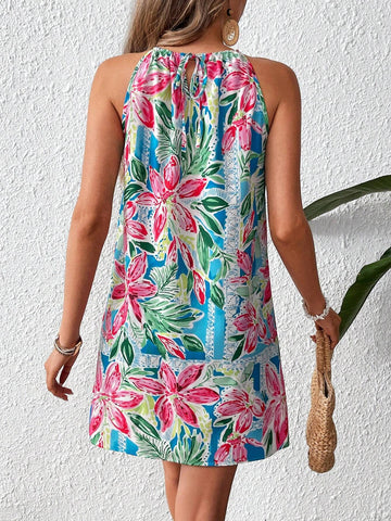 Beach,Romantic,Spring/Summer,Summer Dress,Holiday Woven Colorful Printed Cold Shoulder Dres