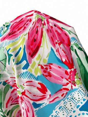 Beach,Romantic,Spring/Summer,Summer Dress,Holiday Woven Colorful Printed Cold Shoulder Dres