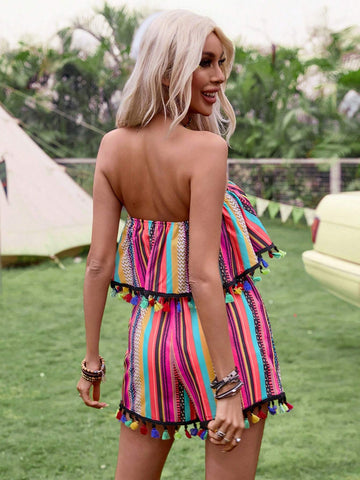 Beach Style Striped Strapless Top With Tassel Trim And Shorts