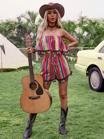 Beach Style Striped Strapless Top With Tassel Trim And Shorts