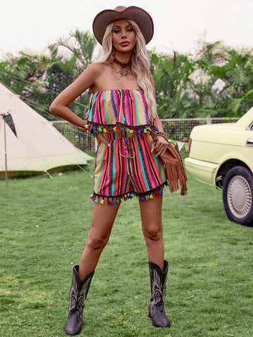 Beach Style Striped Strapless Top With Tassel Trim And Shorts