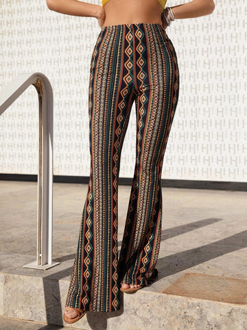 VCAY Beach Summer Geo Print Flare Pants Boho Hippie Boot Cut Trousers