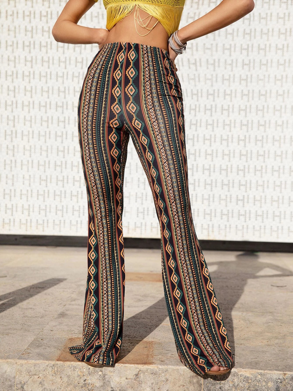 VCAY Beach Summer Geo Print Flare Pants Boho Hippie Boot Cut Trousers