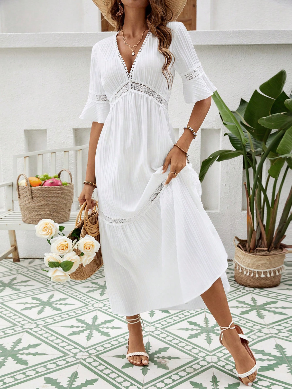 VCAY Beach Women Outfits Lace V-Neck Bell Sleeve White Midi Dress