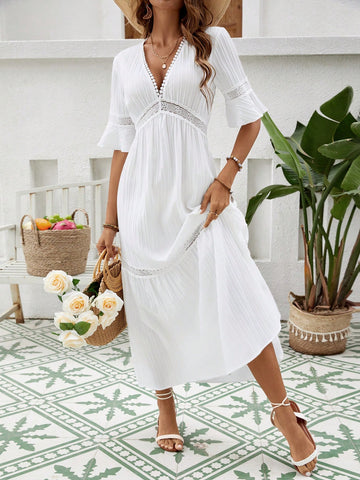 VCAY Beach Women Outfits Lace V-Neck Bell Sleeve White Midi Dress