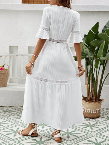 VCAY Beach Women Outfits Lace V-Neck Bell Sleeve White Midi Dress