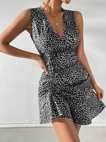 Black Ditsy Floral Bodycon Wrap Style Side Tie Women Dress