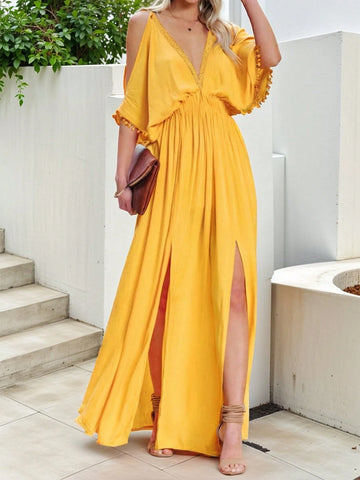 Bohemian Style Deep V-Neck Open Shoulder High Slit Long Dress For Women, With Waistband, Summer Vacation