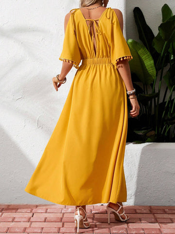 Bohemian Style Deep V-Neck Open Shoulder High Slit Long Dress For Women, With Waistband, Summer Vacation