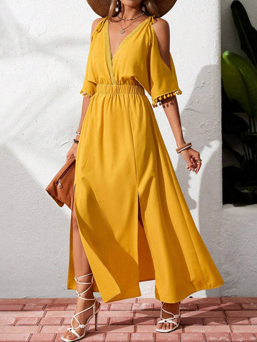 Bohemian Style Deep V-Neck Open Shoulder High Slit Long Dress For Women, With Waistband, Summer Vacation
