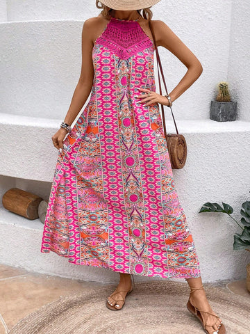 Bohemian Style Halter Neck Lace Spliced Maxi Dress With Slit Hem