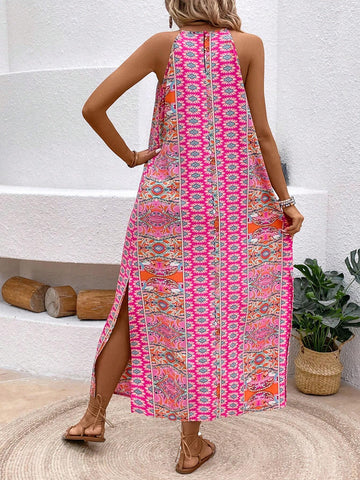 Bohemian Style Halter Neck Lace Spliced Maxi Dress With Slit Hem