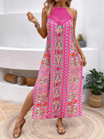 Bohemian Style Halter Neck Lace Spliced Maxi Dress With Slit Hem