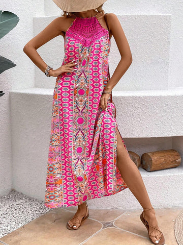 Bohemian Style Halter Neck Lace Spliced Maxi Dress With Slit Hem