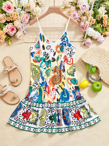 VCAY Boho Print Ruffle Strap Cami Summer Beach Women Dress