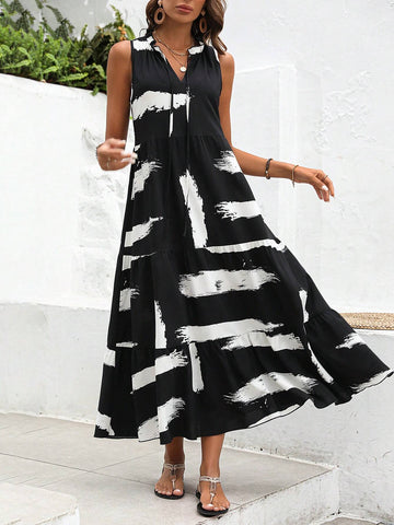 Brushstroke Print Tie Neck Ruffle Hem Dress
