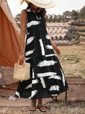 Brushstroke Print Tie Neck Ruffle Hem Dress