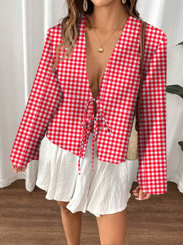 VCAY Burgundy Plaid Casual Loose Tie-Front Long Sleeve Blouse For Women, Suitable For Autumn And Winter