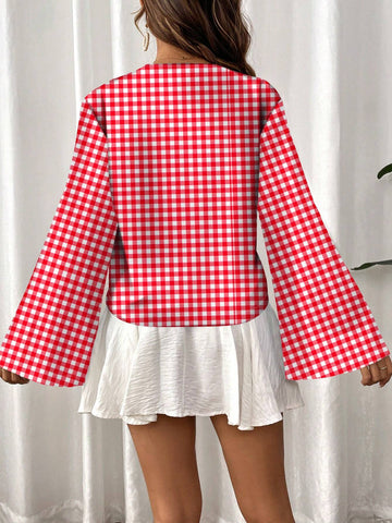 VCAY Burgundy Plaid Casual Loose Tie-Front Long Sleeve Blouse For Women, Suitable For Autumn And Winter