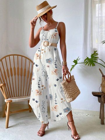 Butterfly Printed Wide-Leg Jumpsuit With Straps