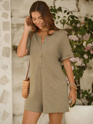 Button-Up Half Placket Vacation Style Romper Shorts