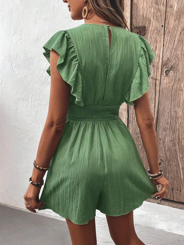 Button Detail V-Neck Ruffle Edge Jumpsuit