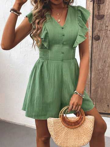 Button Detail V-Neck Ruffle Edge Jumpsuit