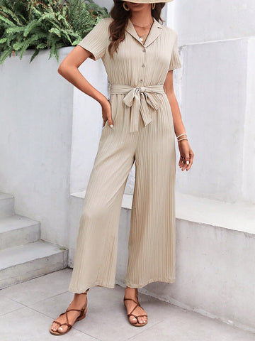 Button Front Belted Wide Leg Shirt Jumpsuit