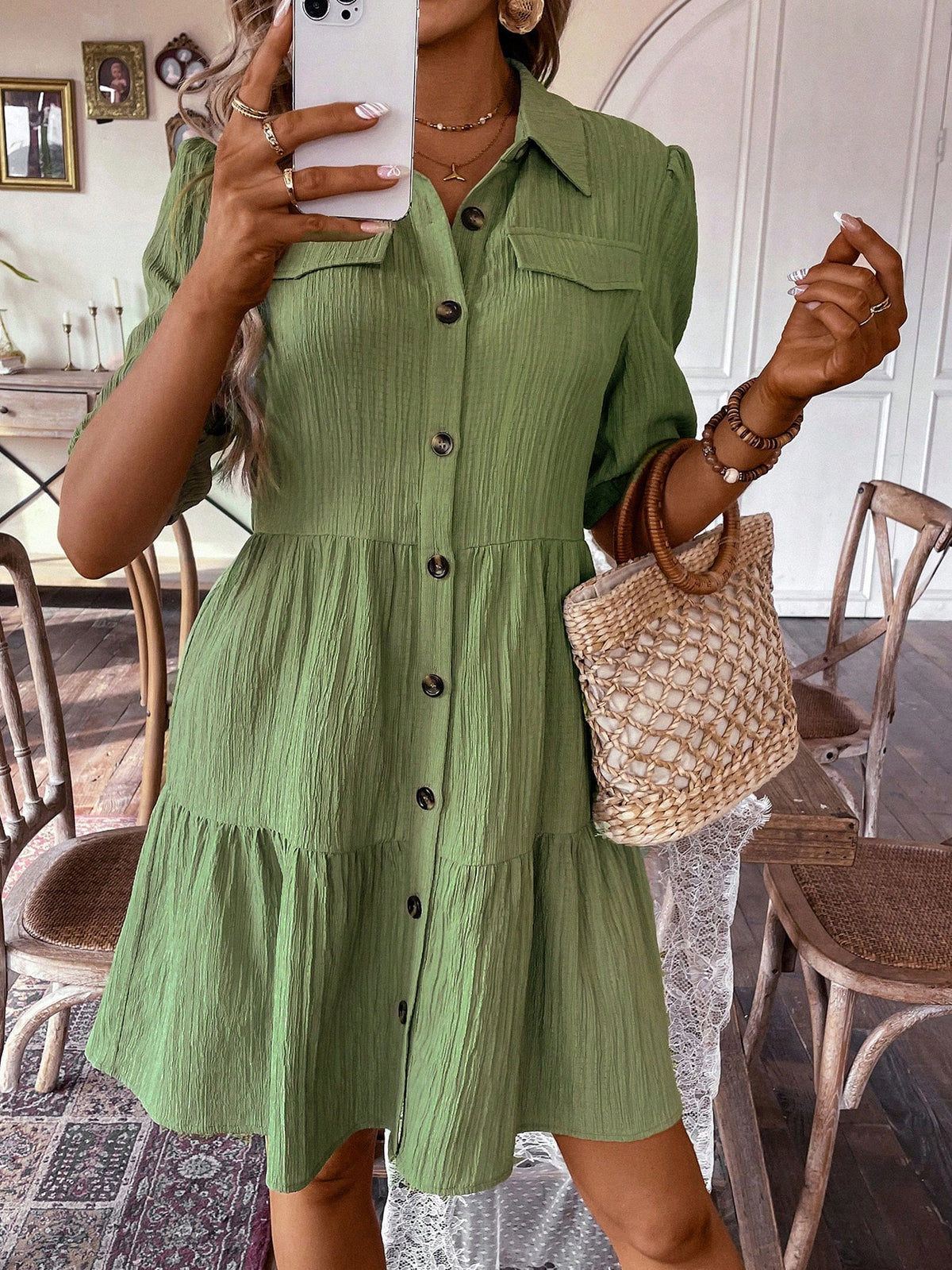 VCAY Button Up Shirt Detail Flared Dress