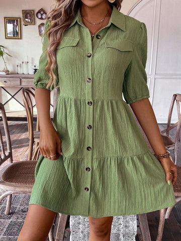 VCAY Button Up Shirt Detail Flared Dress
