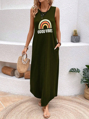 Casual Crew Neck Rainbow Letter Print Sleeveless Dress