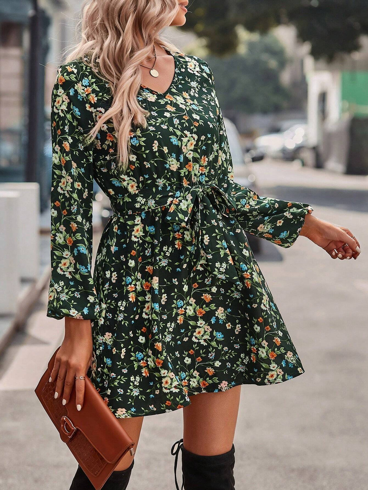 Casual Ditsy Floral Long Sleeve Dress, Autumn