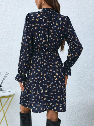 Casual Ditsy Floral Long Sleeve Midi Dress, Autumn