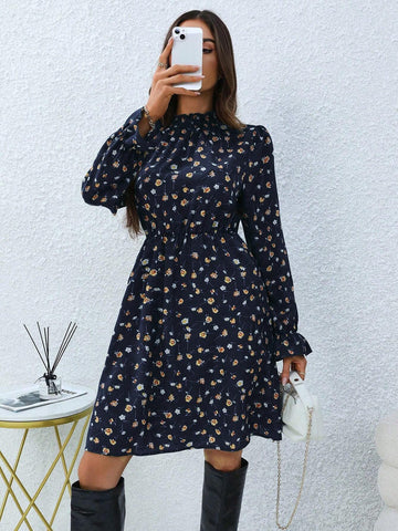 Casual Ditsy Floral Long Sleeve Midi Dress, Autumn