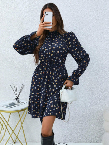 Casual Ditsy Floral Long Sleeve Midi Dress, Autumn