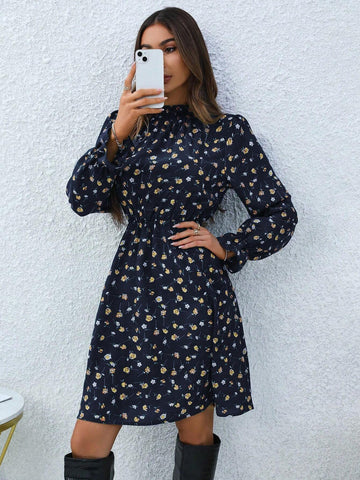 Casual Ditsy Floral Long Sleeve Midi Dress, Autumn