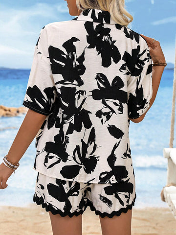 Casual Loose Fit Button-Front Shirt With Wave Lace High-Low Hem And All-Over Printed Pattern, Featuring Short Sleeves And Stand Collar, Paired With Shorts