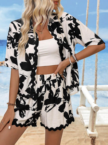 Casual Loose Fit Button-Front Shirt With Wave Lace High-Low Hem And All-Over Printed Pattern, Featuring Short Sleeves And Stand Collar, Paired With Shorts
