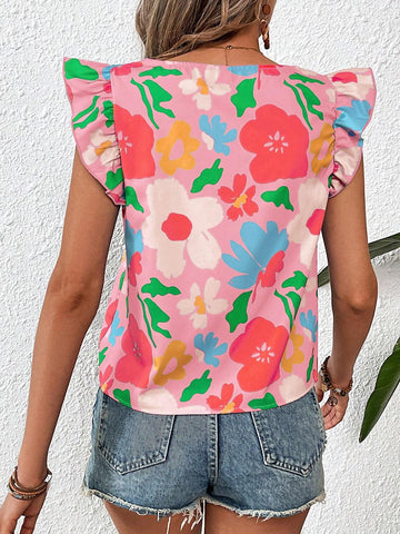 VCAY Casual Printed Woven Batwing Sleeve Round Neck Women Blouse