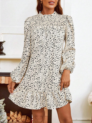 Casual Ruffle Neck & Hem Swing Dress With Floral Print, Suitable For Holiday, Autumn/Winter,Floral Women Dress,Christmas Women Clothes,Fall Women Outfits,Back To School For Daily Wear,Fall Outfits,Commute,Minimalist,Office,Old Money,Simple,Teacher Clothes