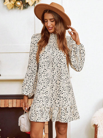 Casual Ruffle Neck & Hem Swing Dress With Floral Print, Suitable For Holiday, Autumn/Winter,Floral Women Dress,Christmas Women Clothes,Fall Women Outfits,Back To School For Daily Wear,Fall Outfits,Commute,Minimalist,Office,Old Money,Simple,Teacher Clothes