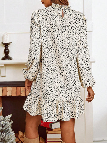 Casual Ruffle Neck & Hem Swing Dress With Floral Print, Suitable For Holiday, Autumn/Winter,Floral Women Dress,Christmas Women Clothes,Fall Women Outfits,Back To School For Daily Wear,Fall Outfits,Commute,Minimalist,Office,Old Money,Simple,Teacher Clothes