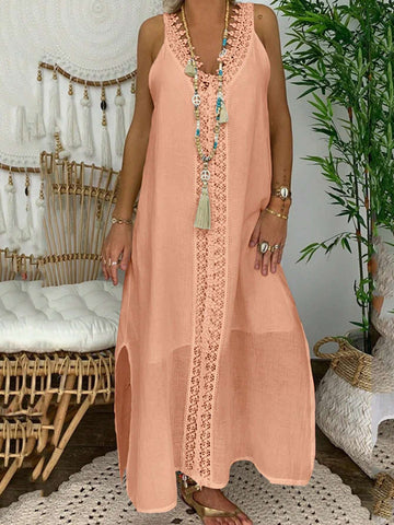 Casual Vacation Sleeveless Dress With Side Slit And Lace Patchwork