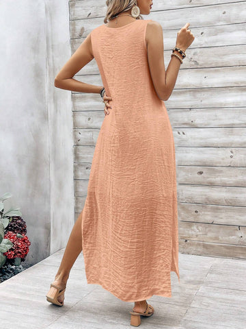 Casual Vacation Sleeveless Dress With Side Slit And Lace Patchwork