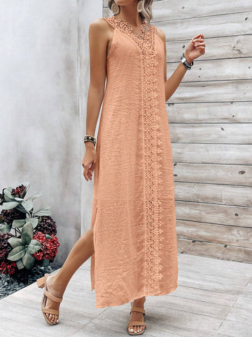 Casual Vacation Sleeveless Dress With Side Slit And Lace Patchwork