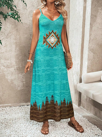 Casual Vacation Style Geometric Print V-Neck Loose Cami Dress