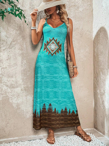 Casual Vacation Style Geometric Print V-Neck Loose Cami Dress