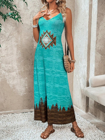Casual Vacation Style Geometric Print V-Neck Loose Cami Dress