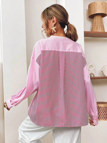 VCAY Casual Woven Striped Patchwork Tie Front Loose Blouse For Women