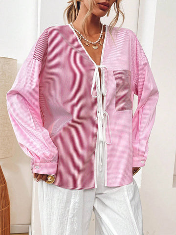 VCAY Casual Woven Striped Patchwork Tie Front Loose Blouse For Women